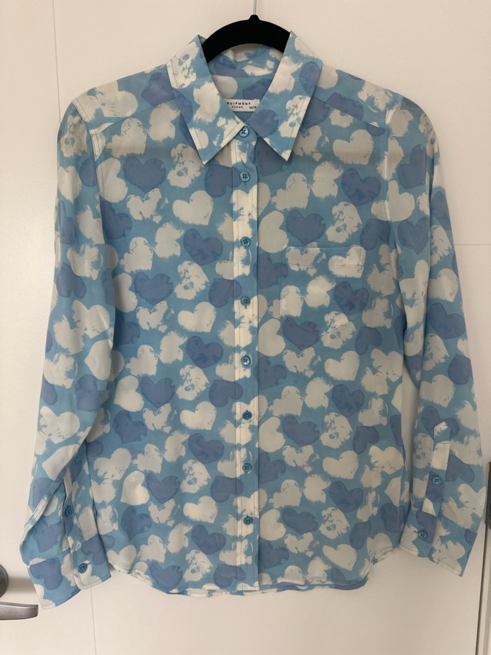 Equipment Silk Blue & White Heart Print Button-Up Blouse